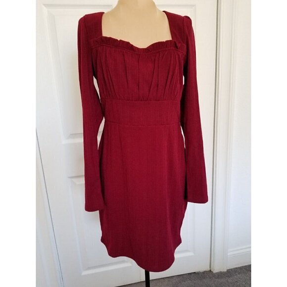 ROW A- Dress Red Metallic Thread Empire Waist Square Neck Long Sleeve Pull On M - Picture 1 of 11
